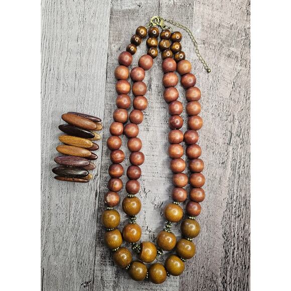Vintage Boho Chic Graduated Brown Wooden Bead Necklace Bracelet Statement Gift - Picture 2 of 8